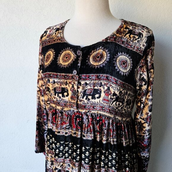 Vintage 70s 80s Velour Bohemian Elephant Stripe Paisley Hippie Maxi Dress India - Picture 3 of 10